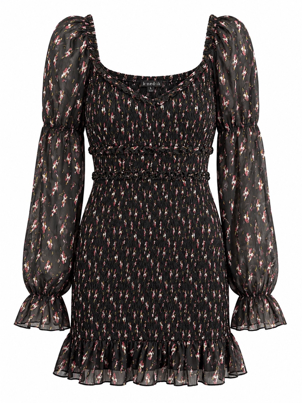 Knedik Metallic Floral Smocked Bodycon Mini Dress L